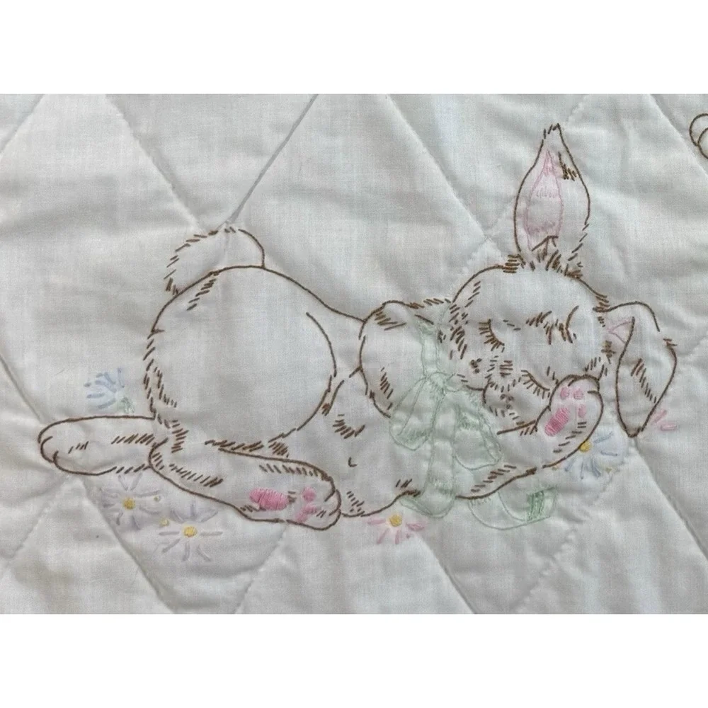 Vintage Baby Quilt Sleeping Bunnies Embroidered Crib Blanket Nursery 25x 32 1/2
